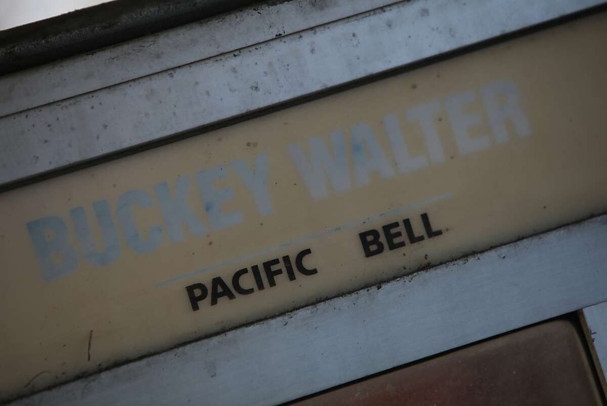 A faded Bucky Walter sign on a Pacific Bell phone booth at the Redwood Drive-In is seen on Thursday, February 21, 2013 in Boonville, Calif. Bucky Walter is pay phone in Boontling.