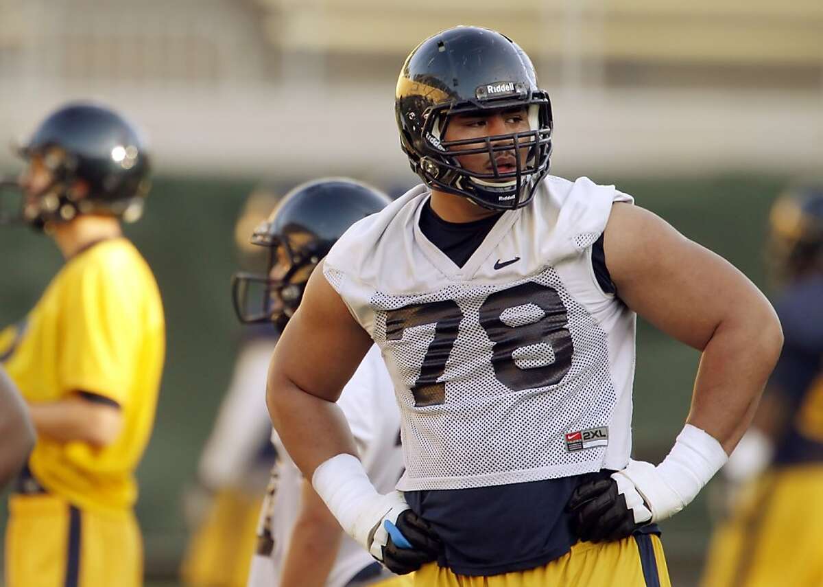 Cal outside offensive lineman Freddie Tagaloa during practice on Monday. First practice for Cal Football under new head coach Sonny Dykes at Memorial Stadium in Berkeley, Calif, on Monday, February 25, 2013.