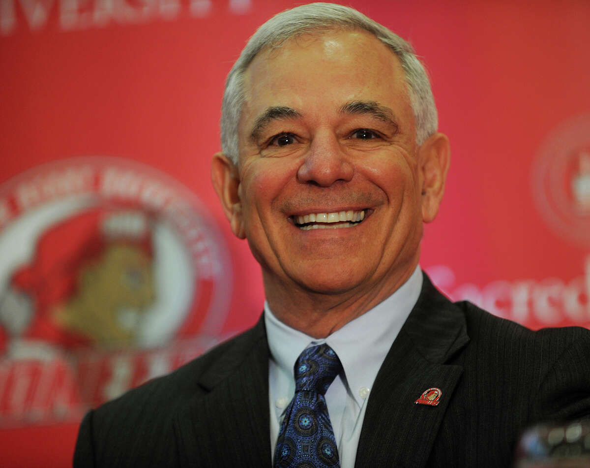 Bobby Valentine smiles as he is introduced as the new executive director of intercollegiate athletics at Sacred Heart University in Fairfield on Tuesday, February 26, 2013.