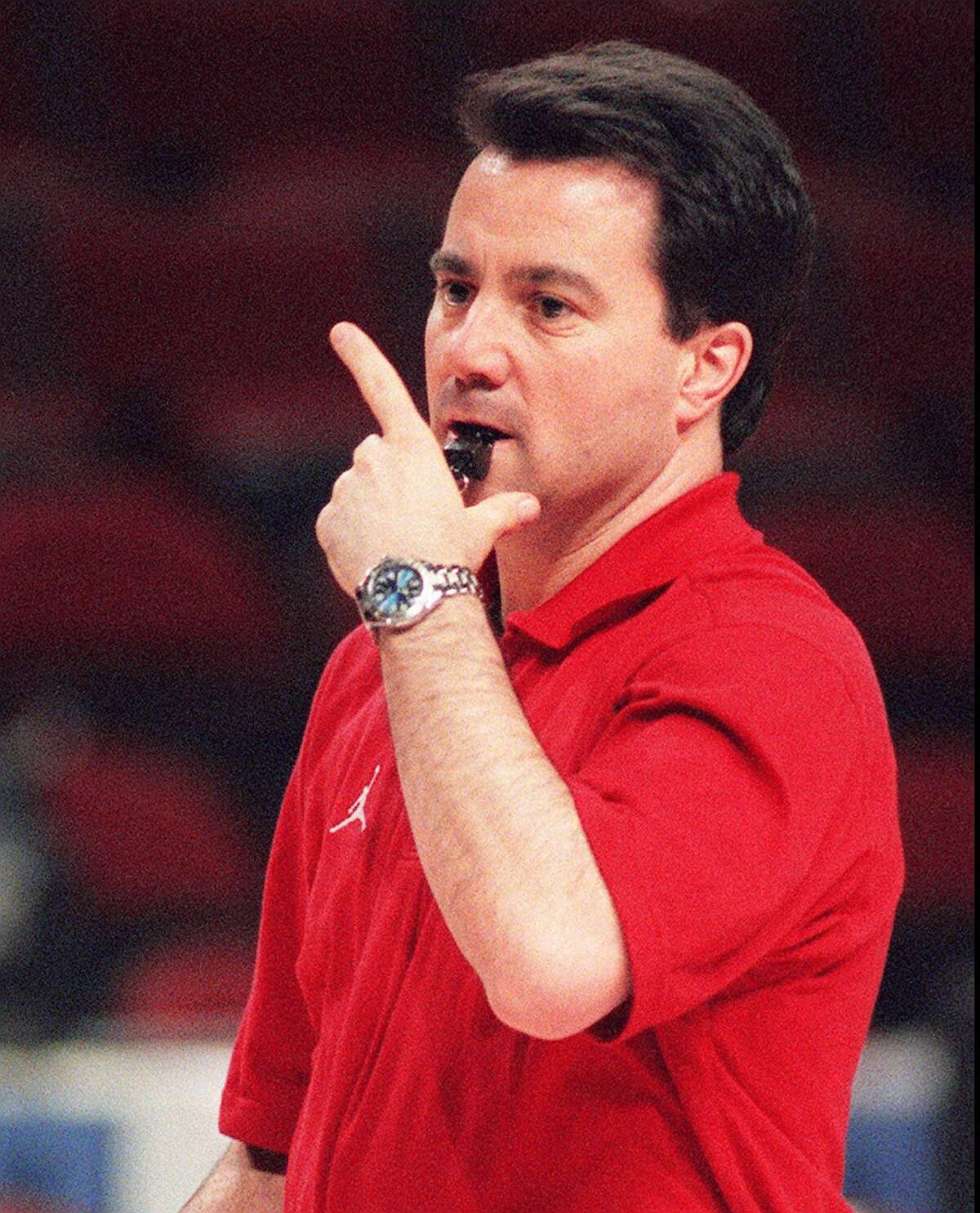 St. John's University head coach Fran Fraschilla blows his whistle during team drills at the United Center Thursday, March 12, 1998, in Chicago. St. John's is preparing to face Detroit in the first round of the NCAA Midwest Regionals in Chicago Friday, March 13, 1998. (AP Photo/Fred Jewell)