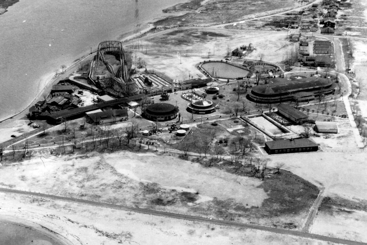 Photo Courtesy of the Bridgeport History Center at the Bridgeport Public Library / Photos by Corbit Studios - 1955 aerial view of Pleasure Beach in Bridgeport.