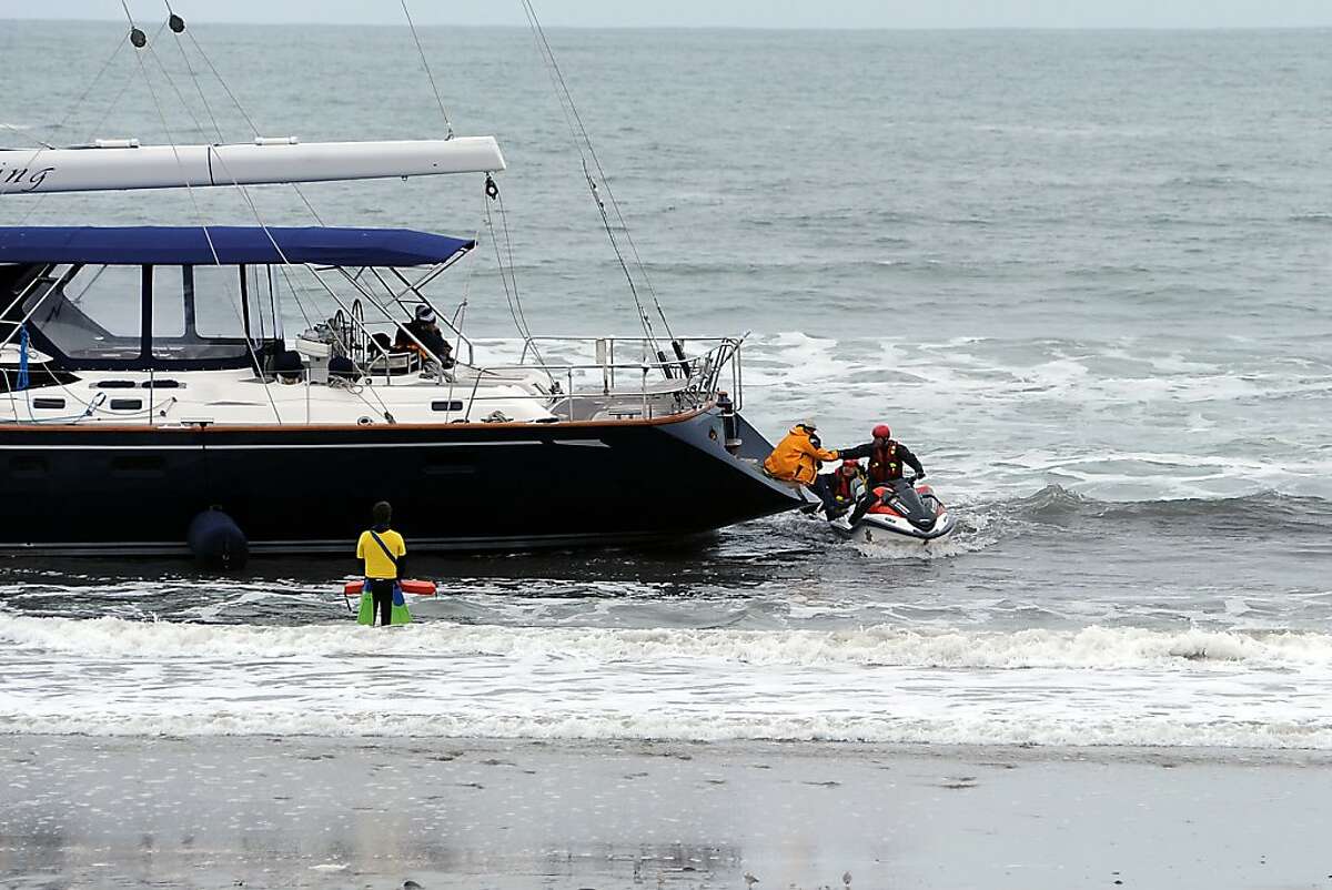 The first male suspect is rescued from the stranded yacht. An 82 foot sailboat stolen from the Sausalito Yacht Harbor ran aground with suspects still aboard at Linda Mar Beach in Pacifica, CA Monday March 4th, 2013.