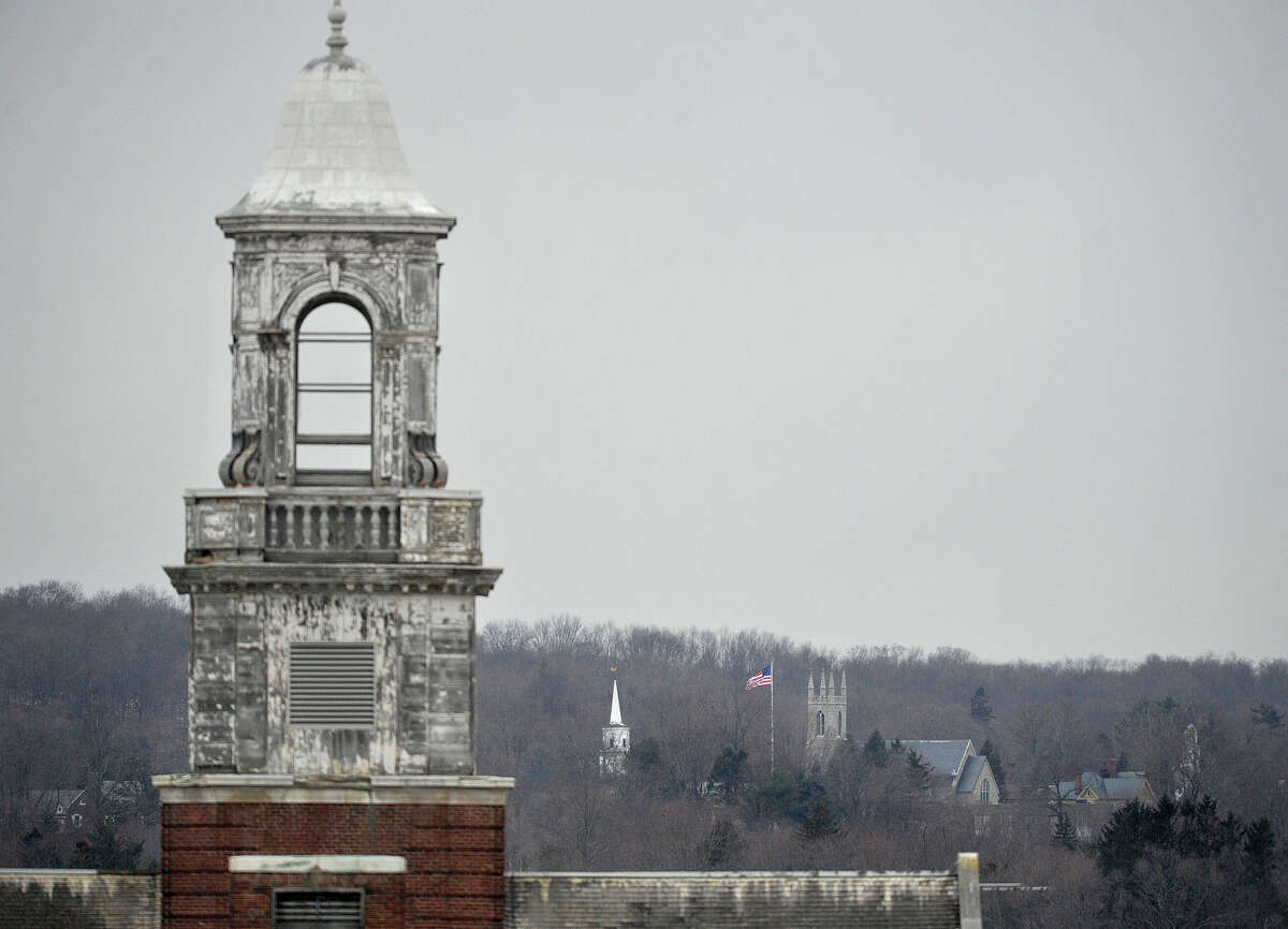 The Kent House steeple at Fairfield Hills Campus is shown, at left, and downtown Newtown farther in the distance. Photographed on Wednesday, Dec. 26, 2012.