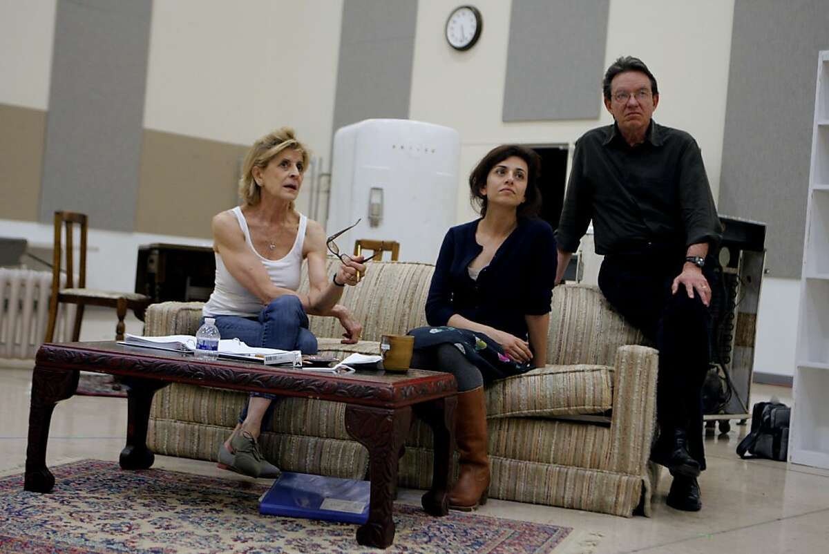 Lawrence Wright (left), Concetta Tomei (center), and Marjan Neshat (right) at rehearsal for the new show at Berkeley Rep, "Fallaci," on March 3rd, 2013 in Berkeley, Calif. The play is about legendary Italian journalist Oriana Fallaci, who's being interviewed at the end of her life.
