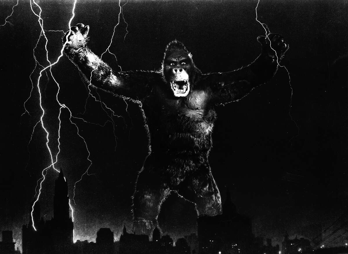 One of John Cerisoli's models of the giant ape, poised above the New York skyline in a scene from the classic monster movie "King Kong."