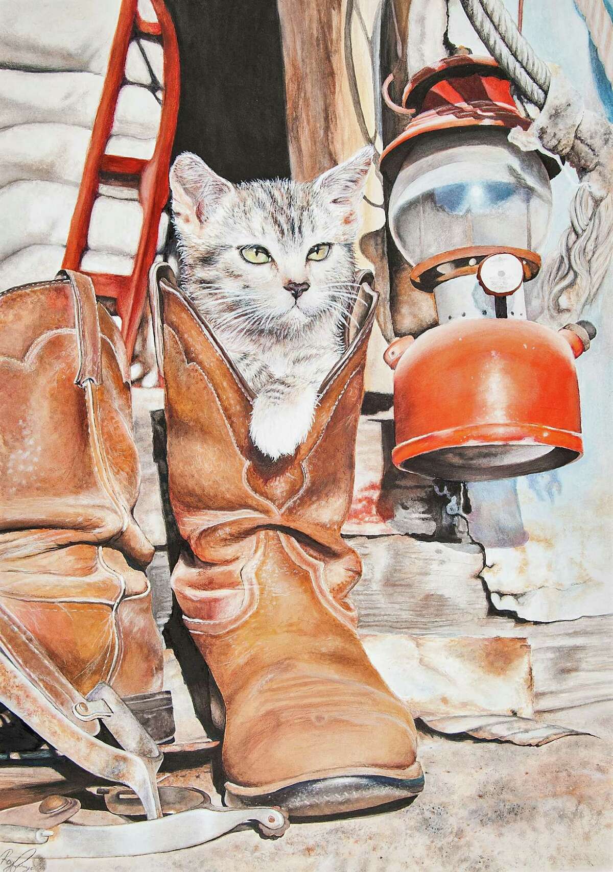 The Reserve Champion Best of Show award went to "Peek-a-Boot," created by high school senior Rachel Faye Becker from Lamar CISD. Becker's piece displayed her love for cats by picturing a kitten peeking out the top of a cowboy boot.