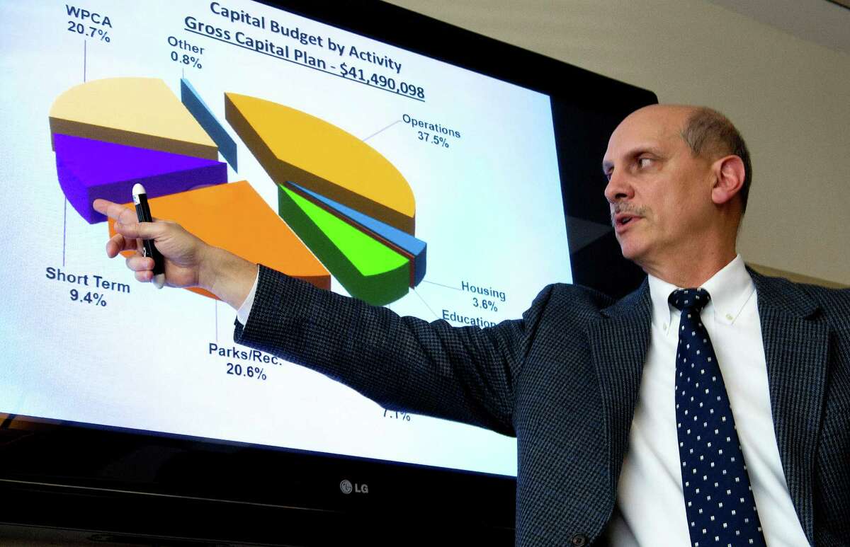 Pete Privitera, Director of the Office of Policy Management, points to a slide during Mayor Michael Pavia's budget proposal for fiscal years 2013-2014 on Thursday, March 7, 2013.