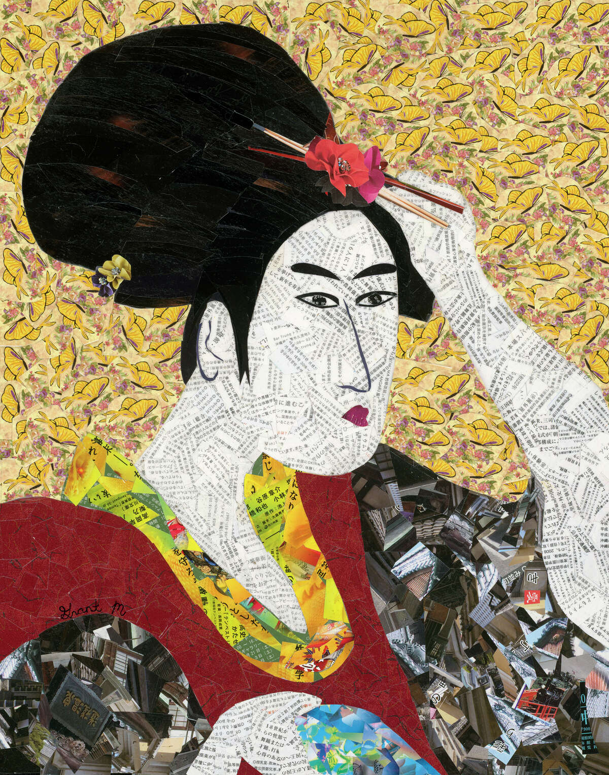 "the Geishal" 16x 20 collage by Grant Manier, a 17-year-old autistic artist from the Houston area. Eco-Artist Grant Manier was inspired to create the Japanese Geisha using authentic brochures and flyers brought back from Japan by an admirer of Grant's Eco-Art. Collaging on canvas and using over 2500 pieces of recylced materials; brochures, flyers, magazines, postcards, and wallpaper to create her stunning and captivating theatrical appearance.