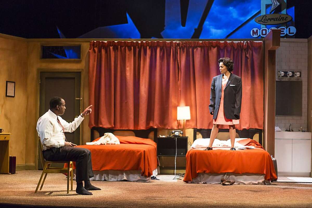 Martin Luther King Jr. (Adrian Roberts, left) discusses drama with motel maid Camae (Simone Missick) in Katori Hall's "The Mountaintop" at TheatreWorks