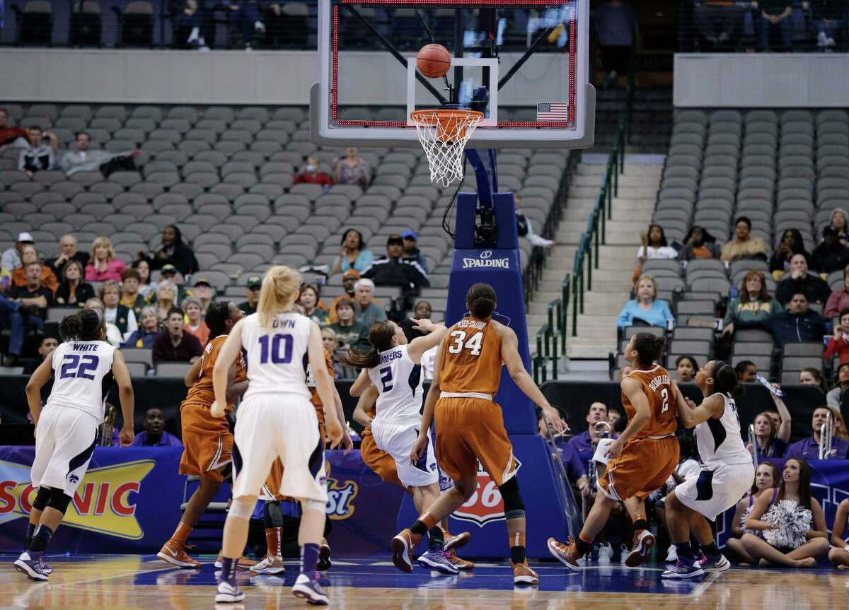 Kansas' Brittany Chambers (2) looks up at her shot at the final buzzer in an NCAA college basketball game against Texas in the Big 12 women's tournament Friday, March 8, 2013, in Dallas. Kansas State won 51-49. (AP Photo/Tony Gutierrez)