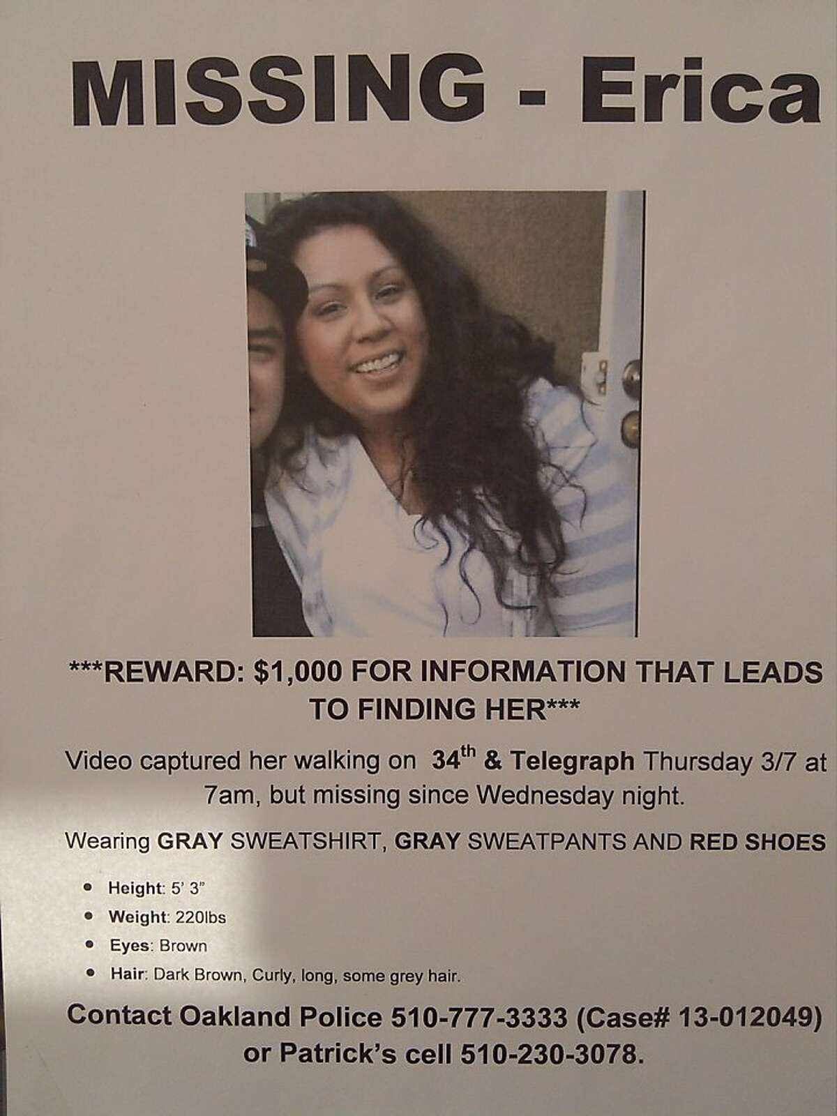 Flier regarding a missing Oakland woman, Erica Maskaleris, who has not been seen since March 7, 2013.