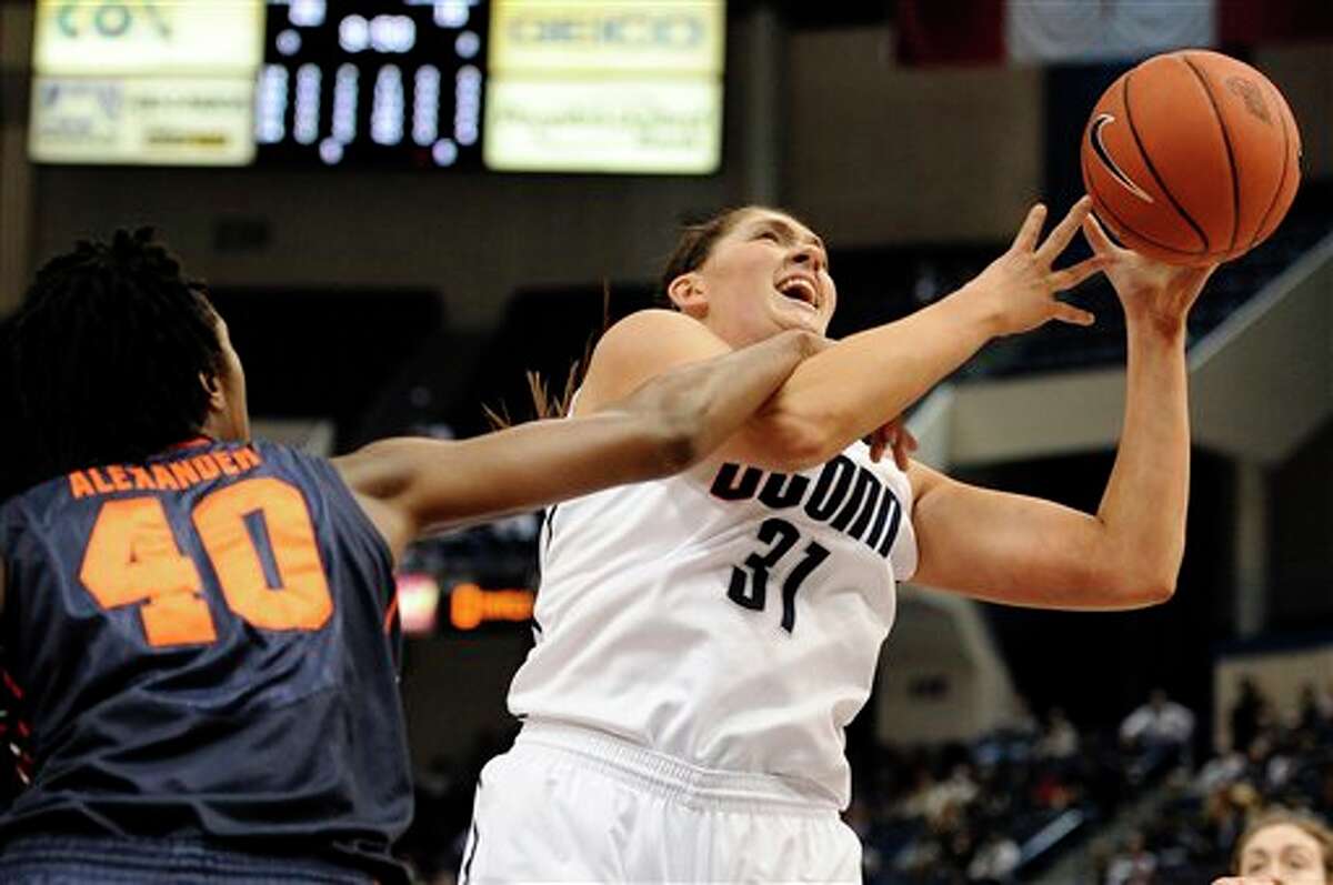 Connecticut's Stefanie Dolson, right, is fouled by Syracuse's Kayla Alexander in the first half of an NCAA college basketball game in the semifinals of the Big East Conference women's tournament in Hartford, Conn., Monday, March 11, 2013. (AP Photo/Jessica Hill)