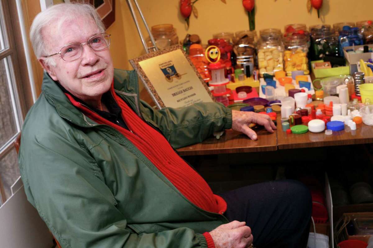 Former Greenwich resident Briggs Baugh, who won the Recycling Pioneer award from the Connecticut Recyclers Coalition for his decades of service, is seen at his home in Stamford Feb. 2, 2012. Baugh, who makes sculptures out of recyclables (shown at right), was the first chairman of the Greenwich Recycling Advisory Board. He died March 7, 2013.