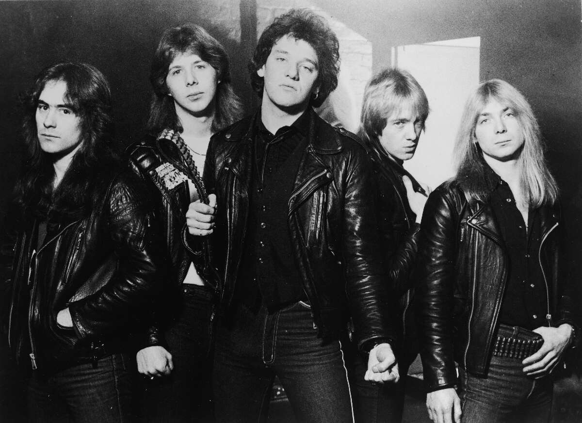Promotional portrait of British heavy metal group, Iron Maiden, 1981: (L-R) Steve Harris, Clive Burr, Paul Di'Anno, Adrian Smith, and Dave Murray.