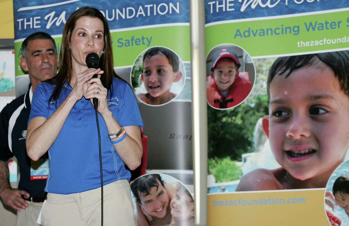 ZAC Foundation co-founder Karen Cohn spoke during the final day of the ZAC Camp, a week-long swimming instruction and water safety program at the Boys & Girls Club of Greenwich, April 13, 2012. Cohn, along with her husband Brian, established the foundation after their son Zachary drowned in a pool drain entrapment in his backyard swimming pool.