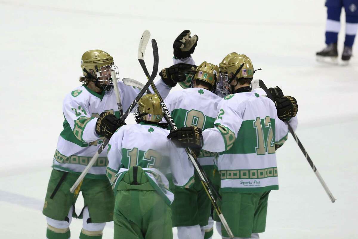 Mike Ross Connecticut Post freelance -Notre Dame of West Haven players congratulate teammate #19 Matthew Dostie after Dostie goal in the first period action against Darien High School during Wednesday evening CIAC State Semifinals.