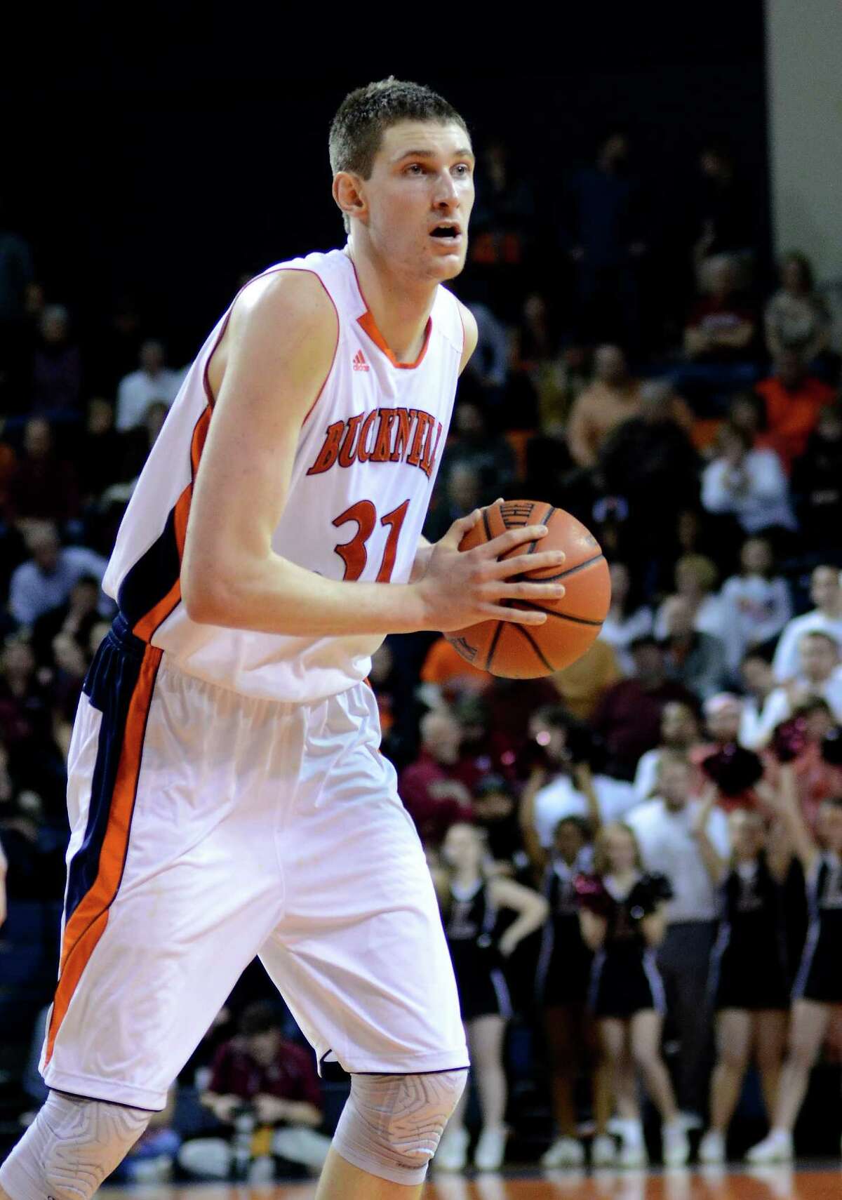 Bucknell's Mike Muscala looks to pass during the second half against Lafayette in an NCAA college basketball game for the Patriot League men's tournament title, Wednesday, March 13, 2013, in Lewisburg, Pa. Bucknell won 64-56. (AP Photo/Ralph Wilson)