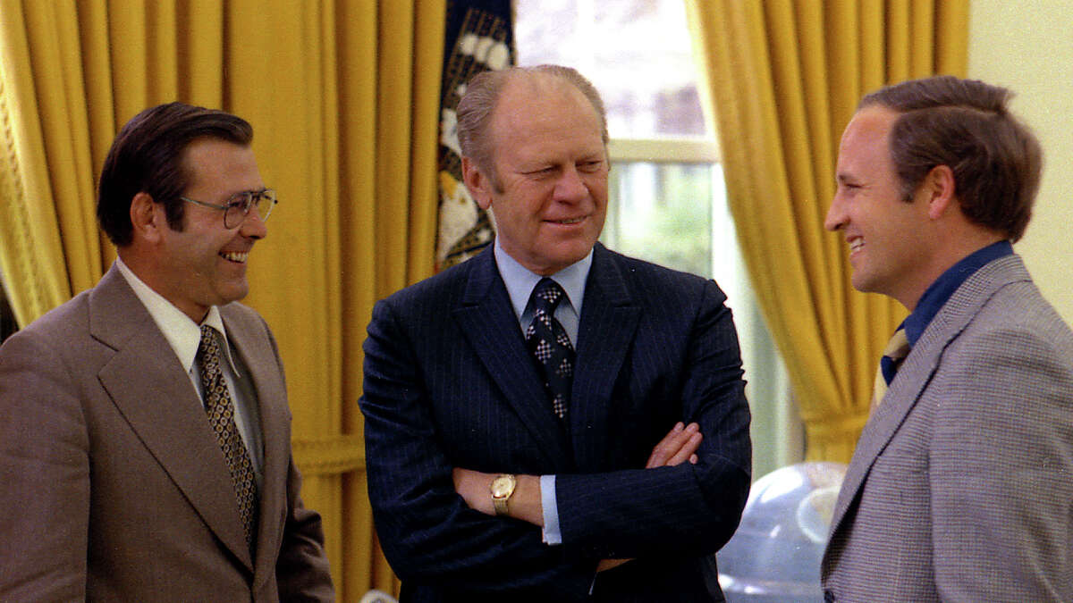 A scene from the Showtime documentary The World According to Dick Cheney. right, Donald Rumsfeld, Center: Gerald Ford, right: Dick Cheney. President Gerald Ford chats with Chief of Staff Donald Rumsfeld and Rumsfeld's assistant Dick Cheney in the Oval Office - April 28, 1975. Dick Cheney began his time in the Ford Administration as a Staff Assistant in Donald Rumsfeld?s Office. He later would become Assistant to the President and Chief of Staff when Rumsfeld was named Secretary of Defense. Cheney was also the campaign manager for President Ford?s 1976 campaign.