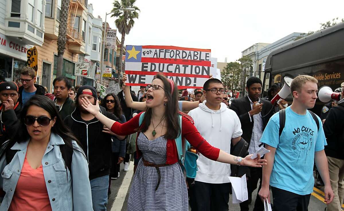Students, and faculty from City College and Mission High School walked up Valencia Street in San Francisco protesting City College accreditation problems during a march to City Hall Thursday, March 14, 2013, in San Francisco Calif.