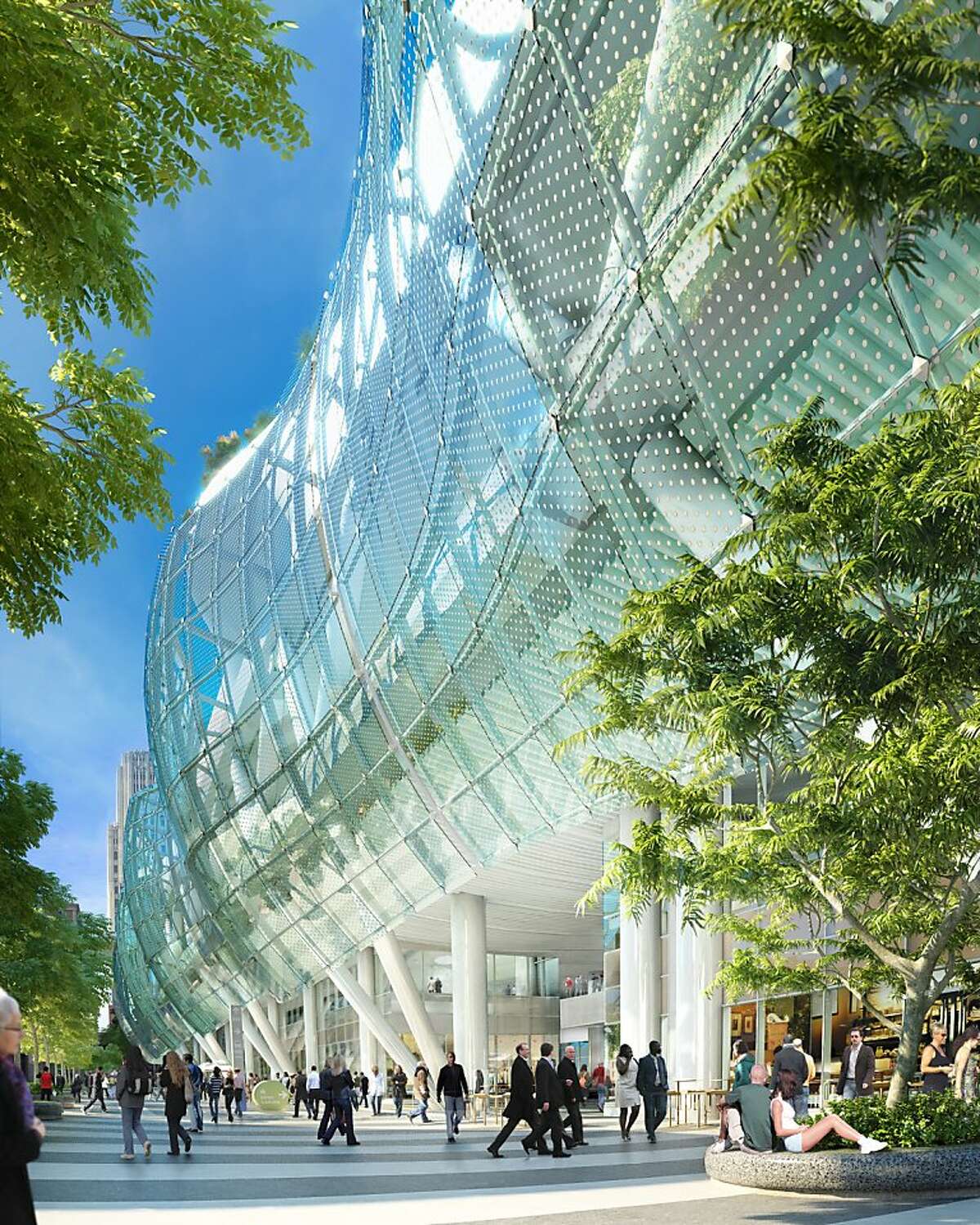 The 2010 design of the new Transbay Transit Center featured an all glass skin, as in this view along Beale Street. The architects are now proposing a see-through skin of aluminum instead to trim costs.