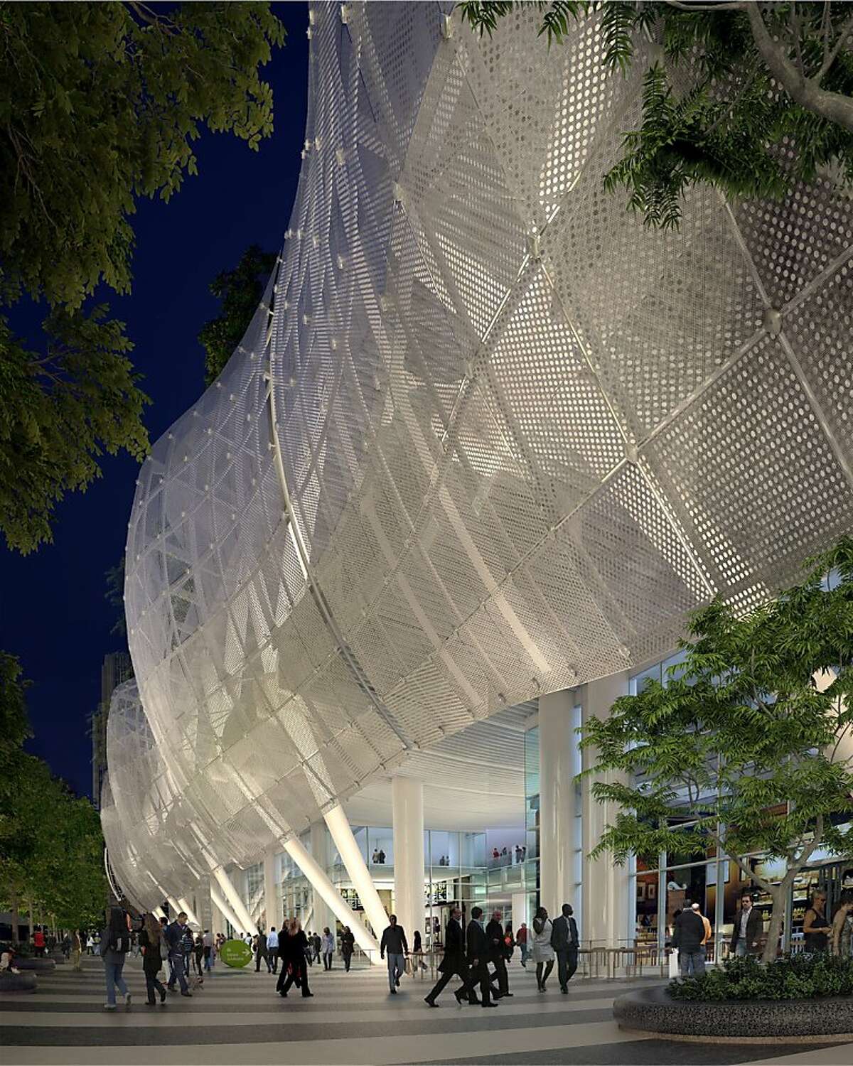 This a night image of the proposed change to the skin of the new Transbay Transit Center set to open in 2017. The architects are now proposing a see-through skin of aluminum, with extra illumination at night.