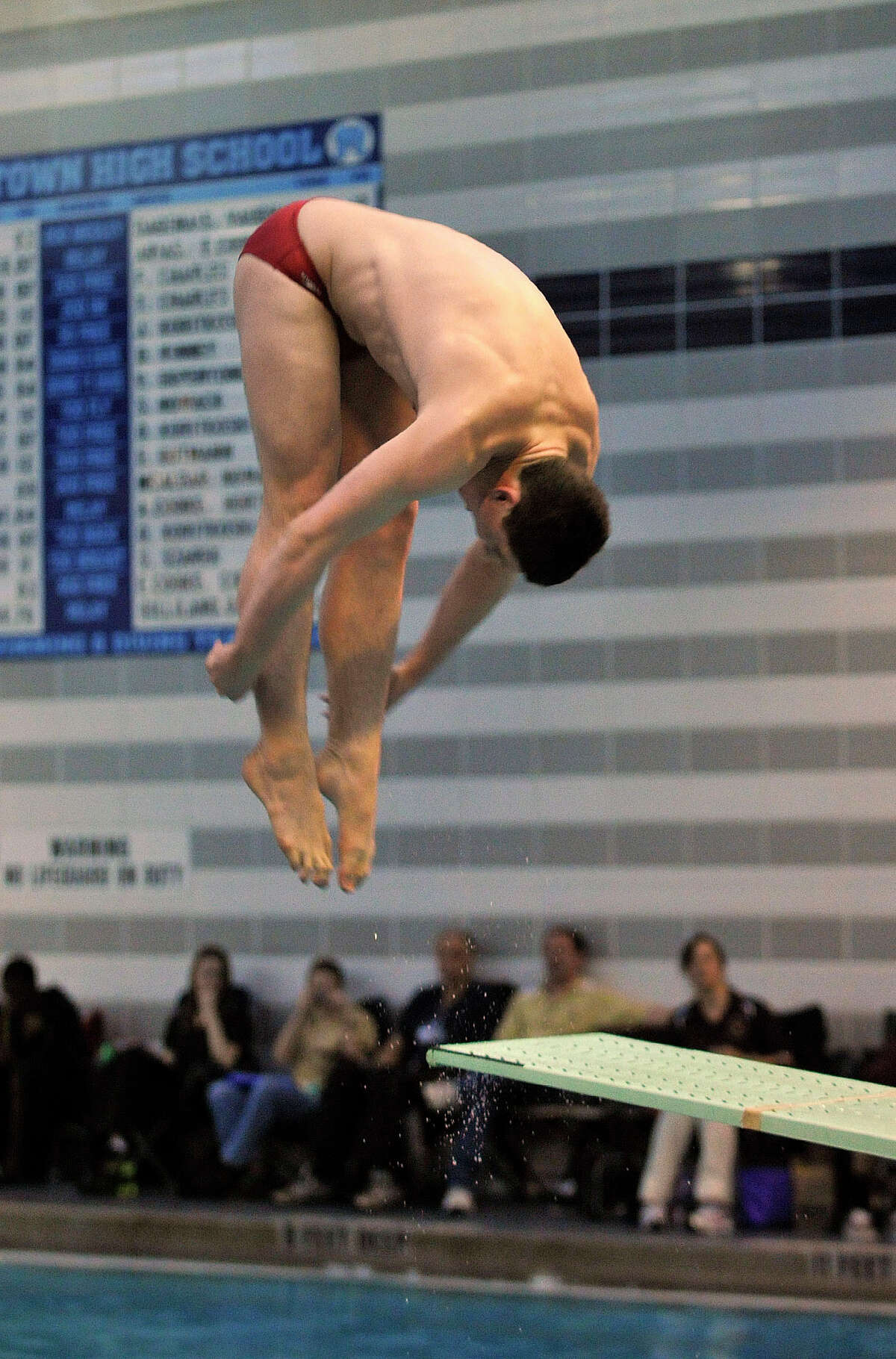 Fairfield Prep's Jake Bowtell competes in the state open diving finals at Middletown High School on Thursday, March14, 2013.