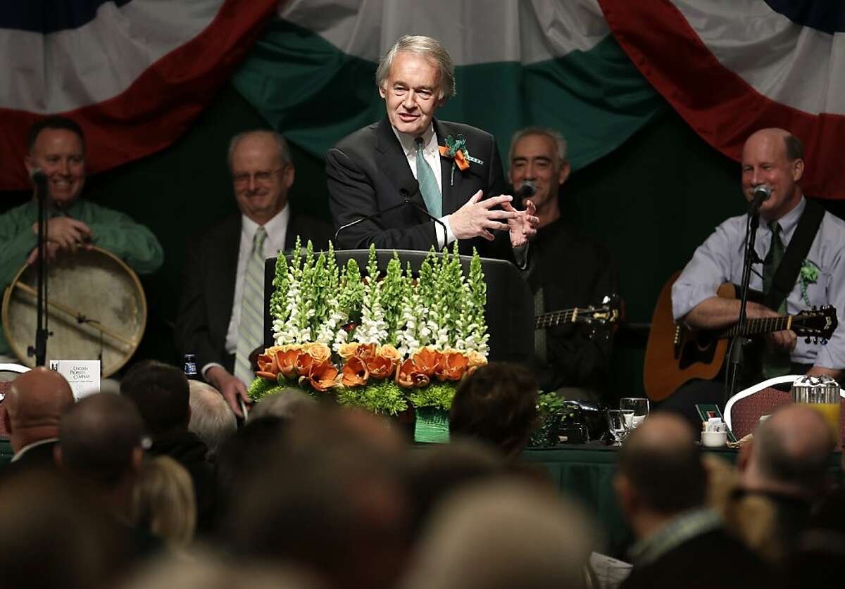 United States Rep. Ed Markey, D-Mass., center, jokes with the crowd during the annual St. Patrick's Day breakfast in Boston's South Boston neighborhood, Sunday, March 17, 2013. Markey is a Democratic hopeful for the U.S. Senate to fill the seat left vacant by the former senior Senator from Massachusetts John Kerry. Kerry left the seat to become U.S. Secretary of State. (AP Photo/Steven Senne)
