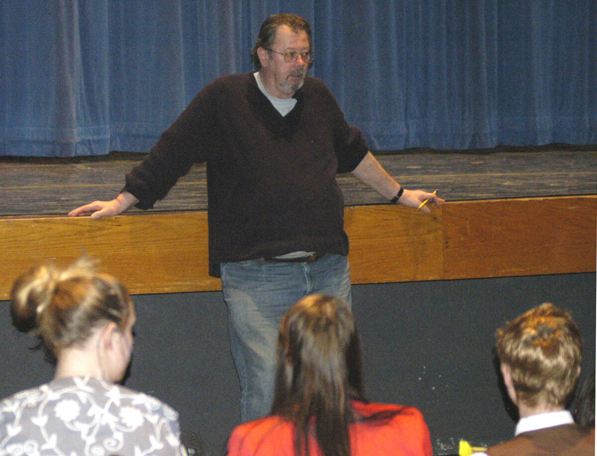 Faculty director Doug Winkel shares his thoughts on show preparations during March 17, 2013 rehearsal for Shepaug Dramatics' production of "How To Succeed In Business Without Really Trying" at Shepaug Valley High School in Washington. March 2013