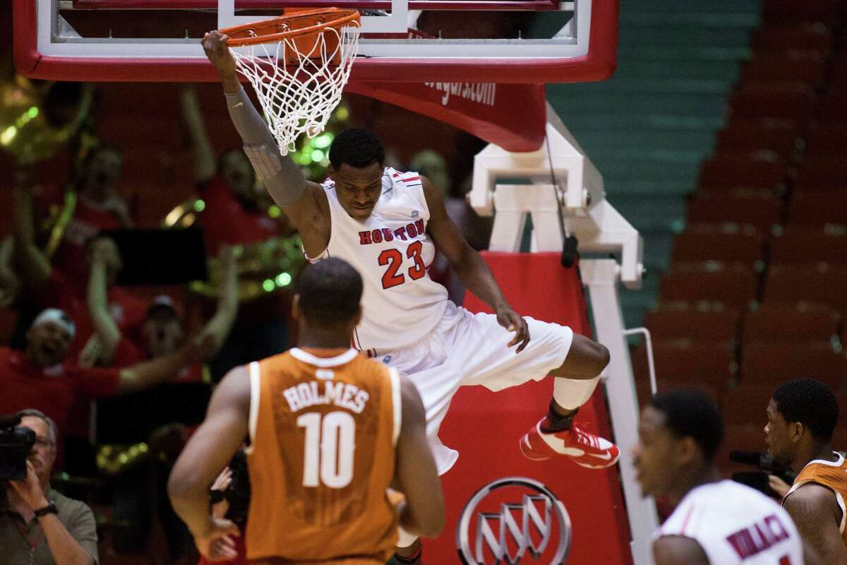 UH's Danuel House bends the rim in the first half before breaking UT's hearts in the second with his game-winning shot with 17 seconds to play.