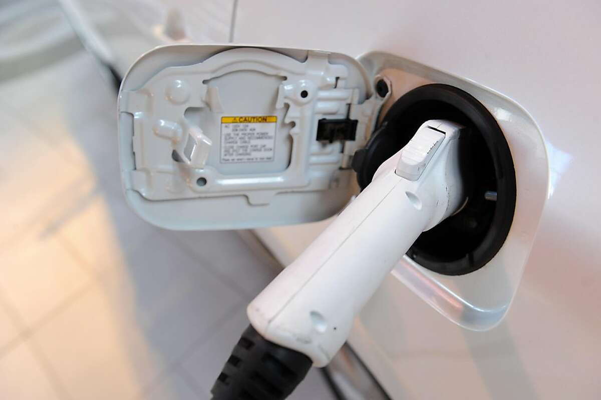 A J1772 type of plug is seen in the Rav 4 EV which is on display at the Toyota dealership on Geary Blvd on March 21, 2013. The plug is used to charge the vehicle.