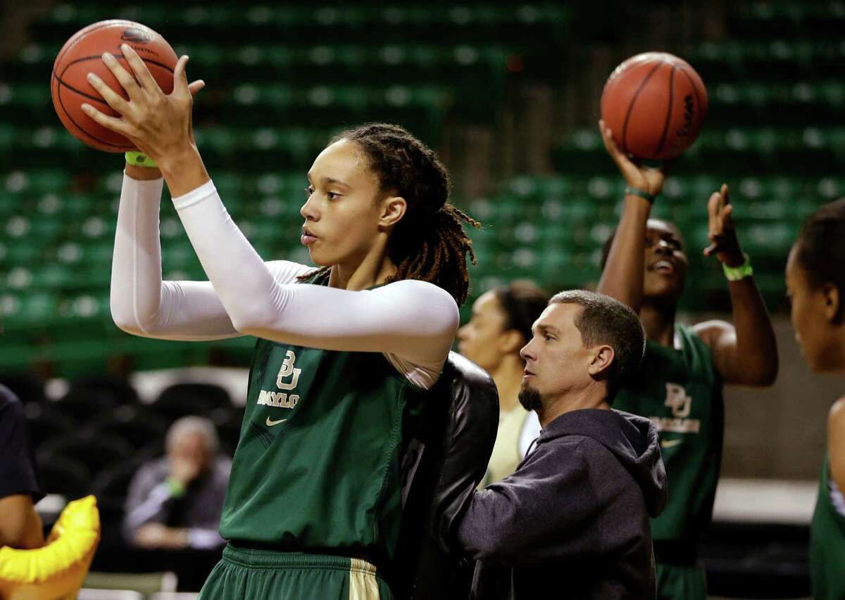 Baylor center Brittney Griner, left, works against strength and conditioning coach Jeremy Heffner during practice for a first-round game in the women's NCAA college basketball tournament, Saturday, March 23, 2013, in Waco, Texas. Baylor is scheduled to play Prairie View A&M on Sunday. (AP Photo/Tony Gutierrez)