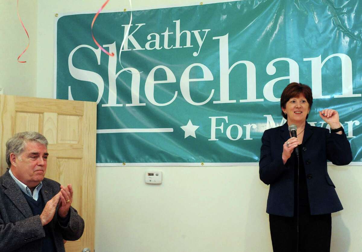 Albany mayoral candidate Kathy Sheehan, right, speaks after being endorsed by retired New York State Assembly member Jack McEneny, left, on Saturday March 23, 2013 in Albany, N.Y. (Michael P. Farrell/Times Union)