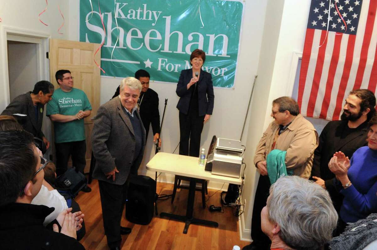 Albany mayoral candidate Kathy Sheehan, center, speaks after being endorsed by retired New York State Assemblyman Jack McEneny on Saturday March 23, 2013 in Albany, N.Y. (Michael P. Farrell/Times Union)