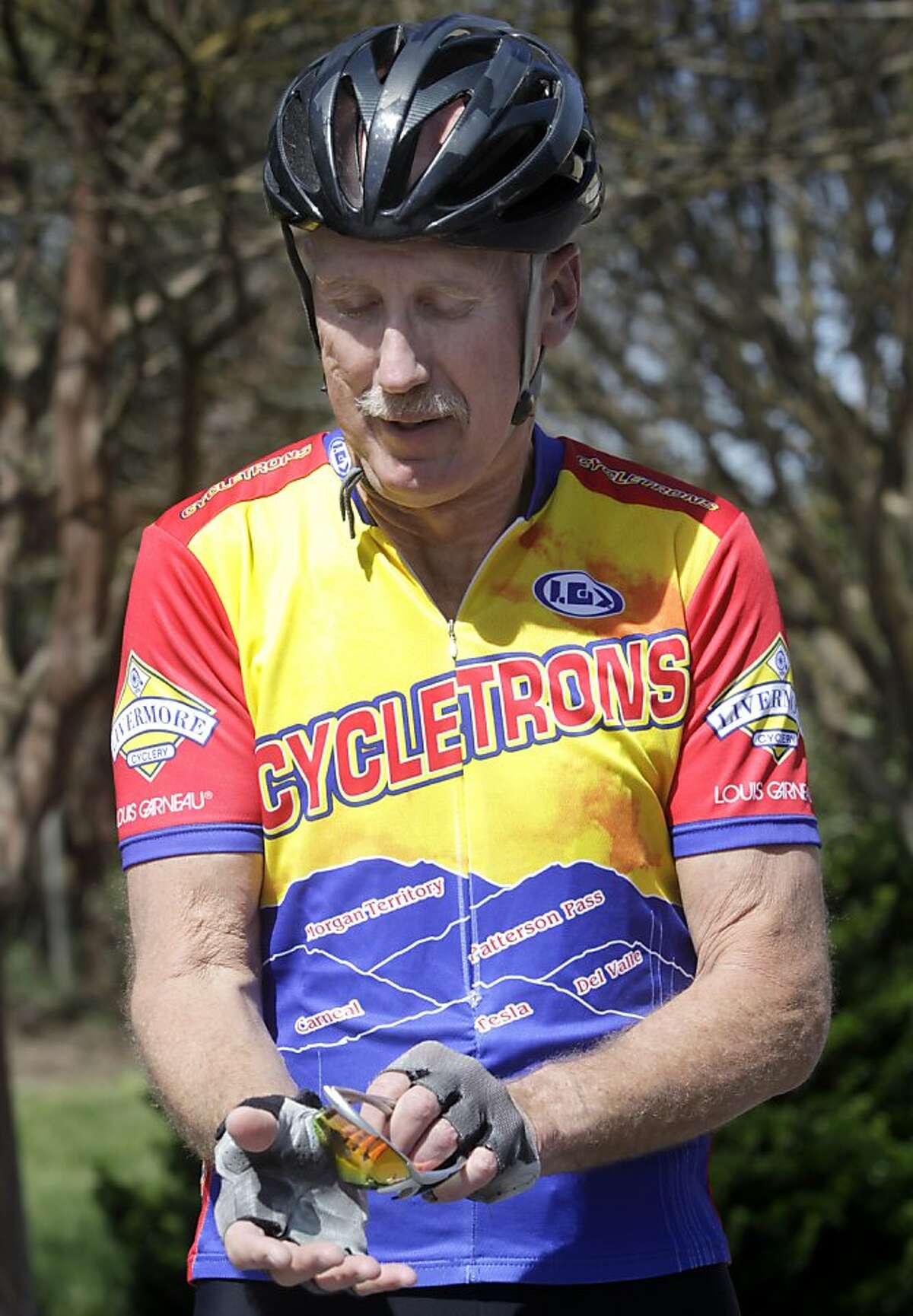 Dave Dye prepares for his daily 20-mile bike ride in French Camp, Calif. on Saturday, March 23, 2013.