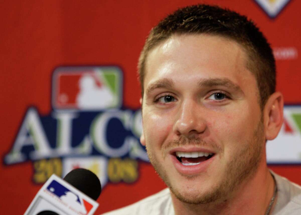 Tampa Bay Rays pitcher Scott Kazmir answers questions during a press conference before the team's practice for Game 5 of the American League baseball championship series against the Boston Red Sox in Boston, Wednesday, Oct. 15, 2008. Kazmir is scheduled to start Game 5. Tampa Bay leads the best-of-seven series 3-1 games. (AP Photo/Chris O'Meara)