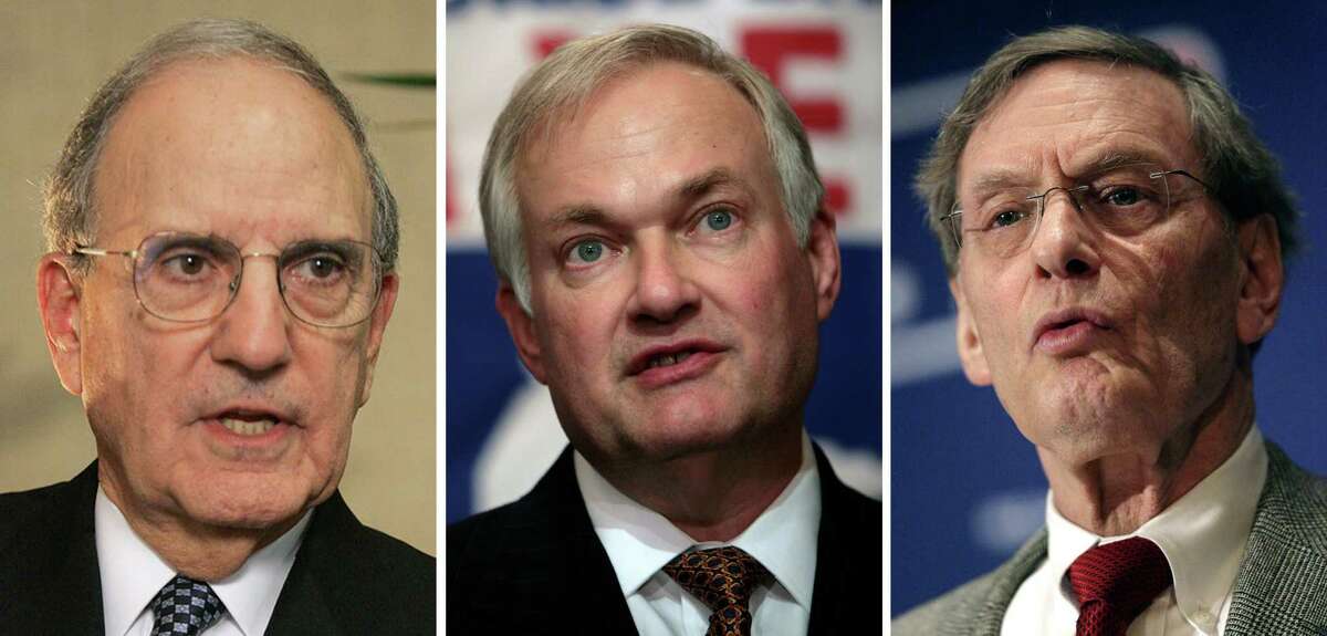 ** FILE ** These 2007 file photos show former Senate majority leader George Mitchell, left, union head Donald Fehr, center, and MLB commissioner Bud Selig, right. Nearly three years ago, Selig and Fehr sat before Congress and were chastised for holes in baseball's drug-testing policy. They'll be back in front of that same House committee Tuesday, Jan. 15, 2008, along with the author of last month's Mitchell Report on steroids in the sport. (AP Photo/File)