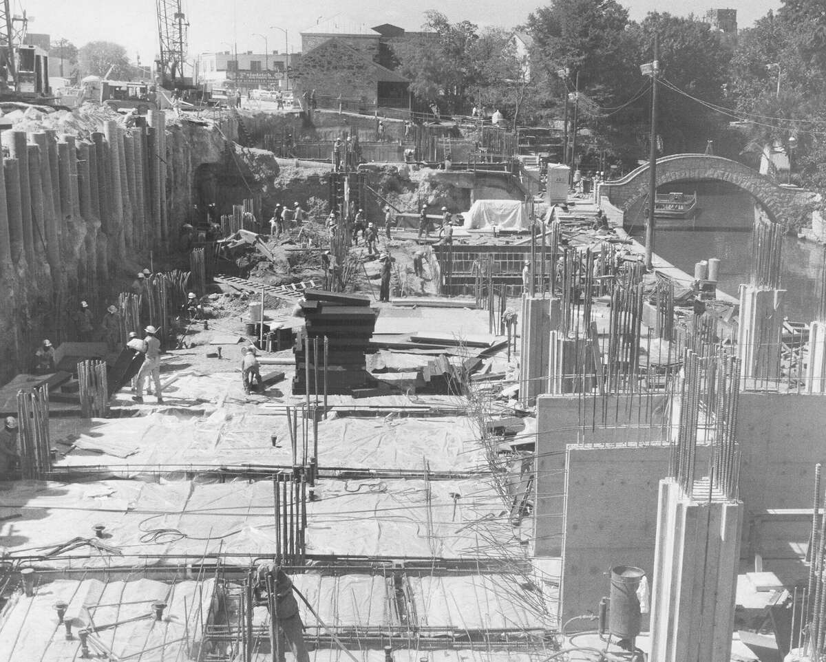 Workers build the foundation of the Hilton Palacio del Rio Hotel on Aug. 26, 1967. Since the hotel was built next to the San Antonio River, it couldn't have a basement. Instead, foundation piers three feet in diameter and 40 feet deep were drilled and a retaining wall was built to anchor the hotel.
