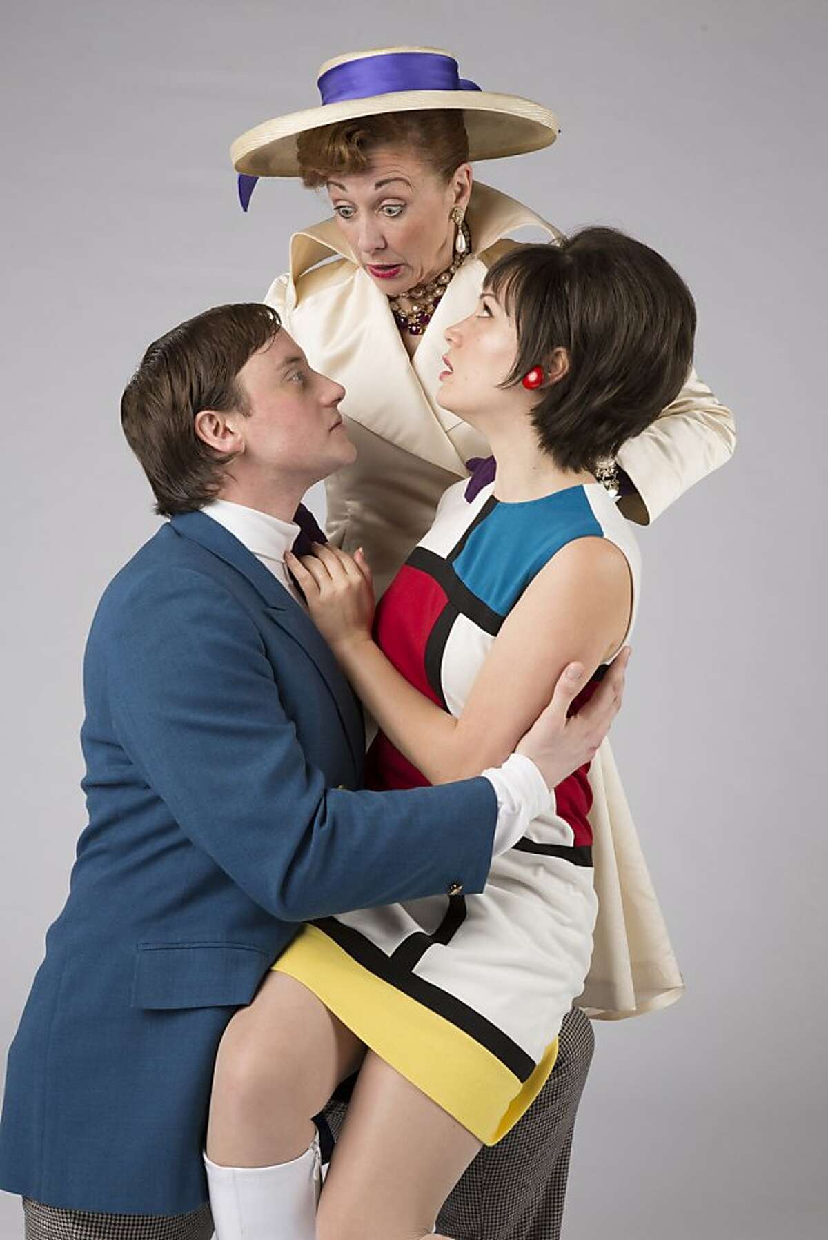 Lady Bracknell (Maureen McVerry, center) is horrified by the antics of Jack Worthing (Hayden Tee, left) and her daughter Gwendolen (Mindy Lym, right) in world-premiere musical "Being Earnest" presented by TheatreWorks April 3 - 28 at the Mountain View Center for the Performing Arts. Photo by Tracy Martin