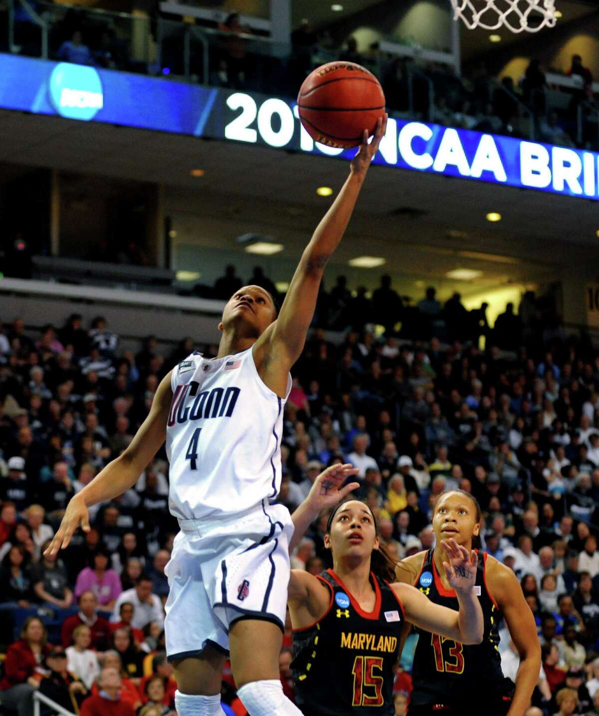 UConn's Moriah Jefferson lays up the ball, during the women's NCAA Tournament Regional Semifinals action against University of Maryland at the Webster Bank Arena in Bridgeport, Conn. on Saturday March 30, 2013.