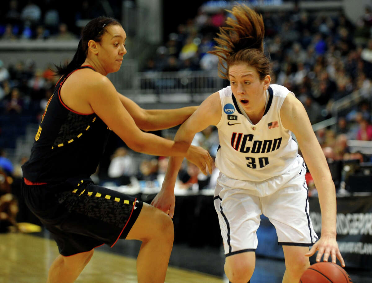 UConn's Breanna Stewart tries to gel around University of Maryland's Malina Howard, during the women's NCAA Tournament Regional Semifinals at the Webster Bank Arena in Bridgeport, Conn. on Saturday March 30, 2013.