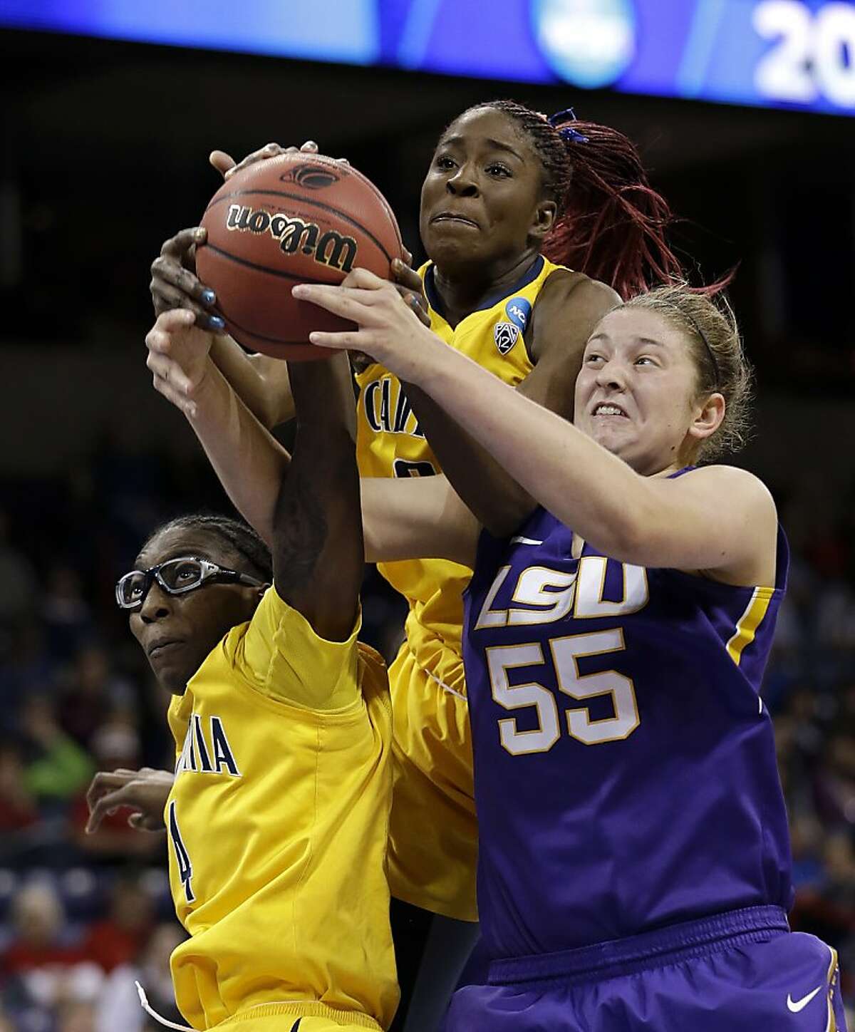 LSU's Theresa Plaisance (55) battles California's Avigiel Cohen, left, and Gennifer Brandon for a loose ball in the second half of a regional semifinal game in the NCAA women's college basketball tournament Saturday, March 30, 2013, in Spokane, Wash. (AP Photo/Elaine Thompson)