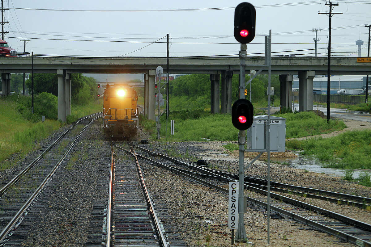 A train enters Union Pacific's Kirby train yard. UP is a major player if and when a commuter line is built along I-35.