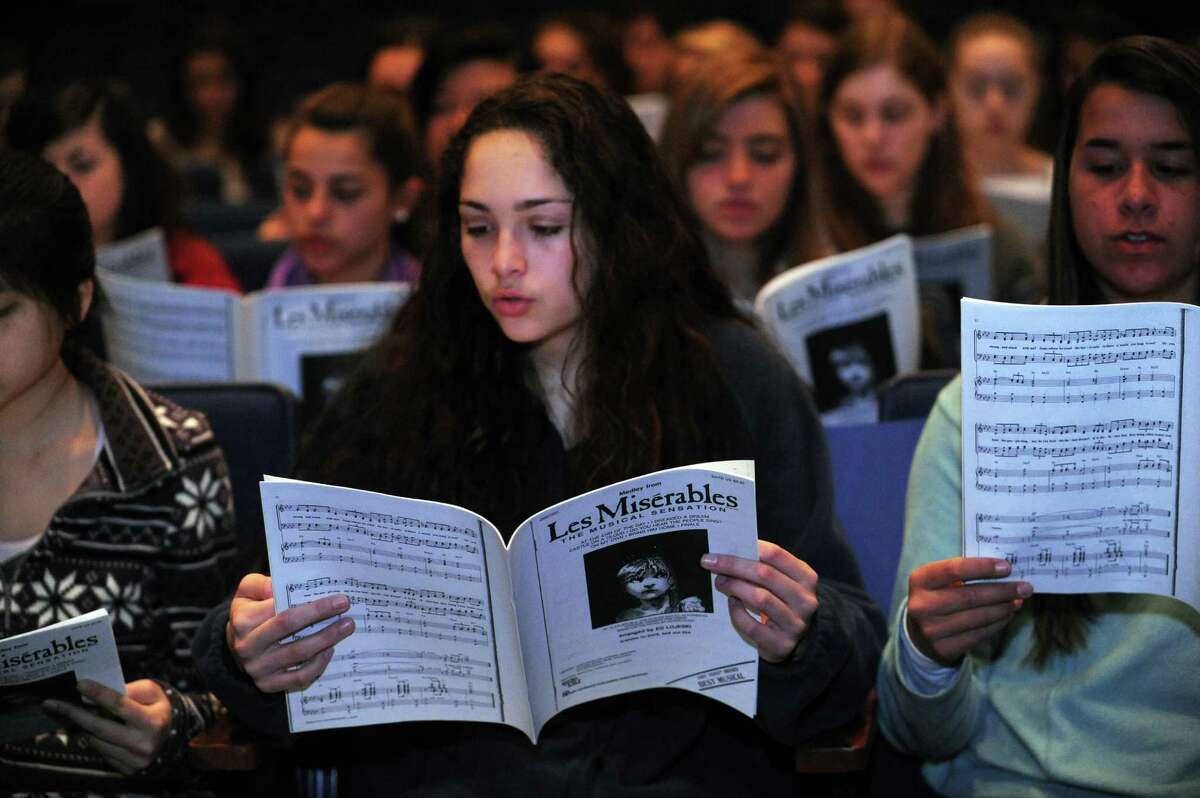 Emma Fountain, 15, sings music from ìLes Misérablesî during the Greenwich High School chorus practice in the auditorium at school in Greenwich, Conn., Tuesday, April 2, 2013.