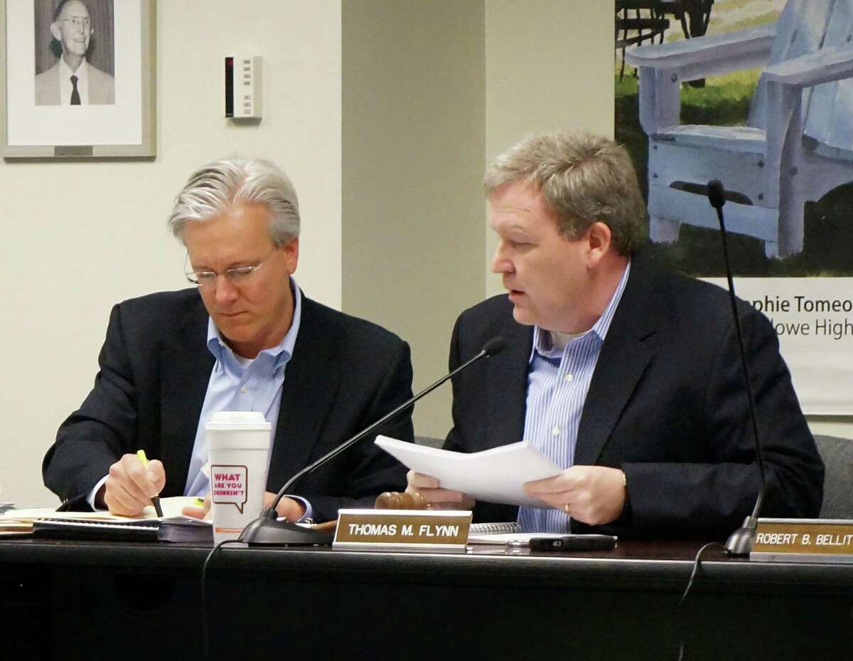 Board of Finance member James Walsh, and Chairman Thomas Flynn, at the start of a more tha n six hour meeting on the town budget.