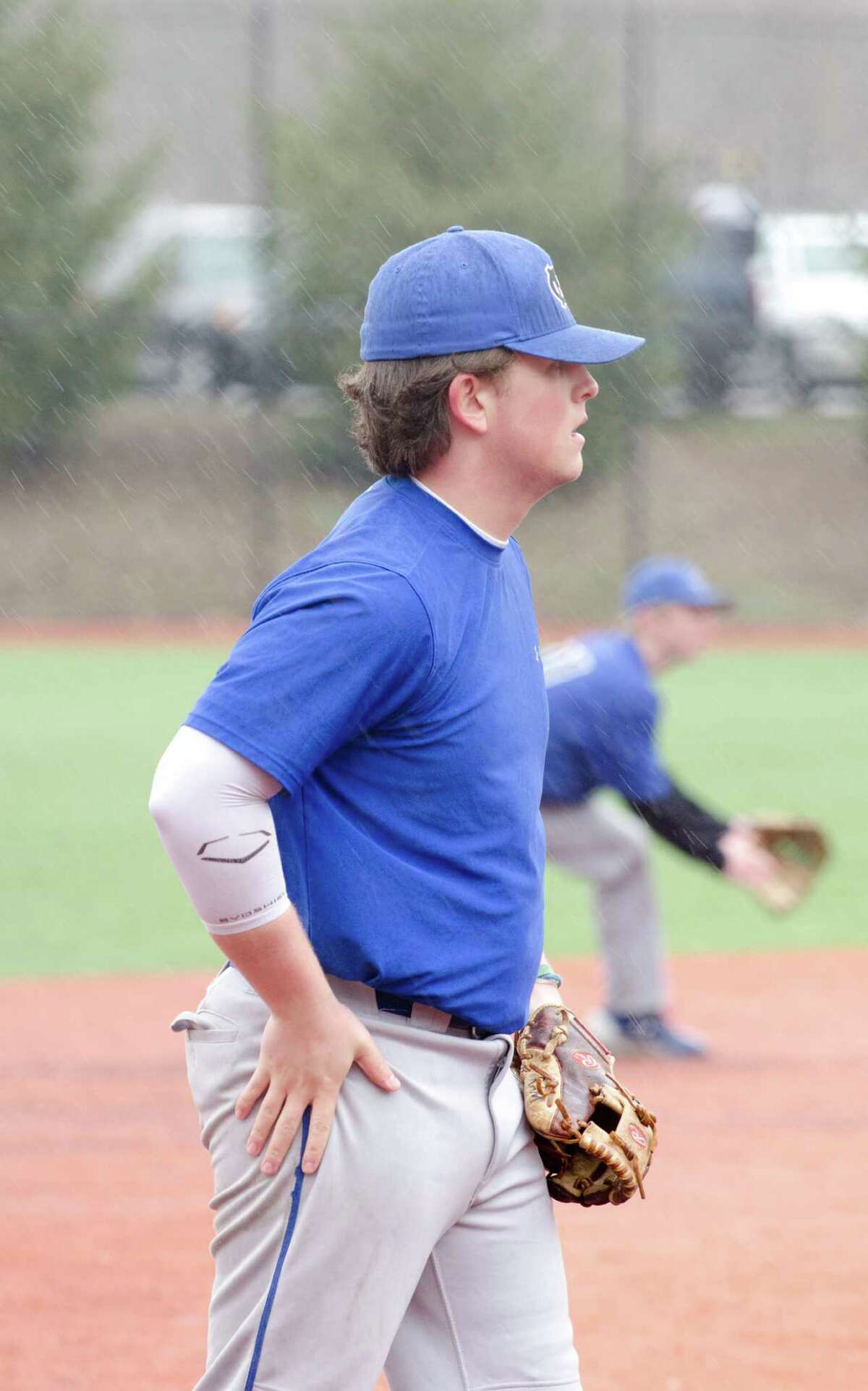 Darien's Andrew Maley on third base during the baseball scrimmage at Darien High School on Monday, Apr. 1, 2013.