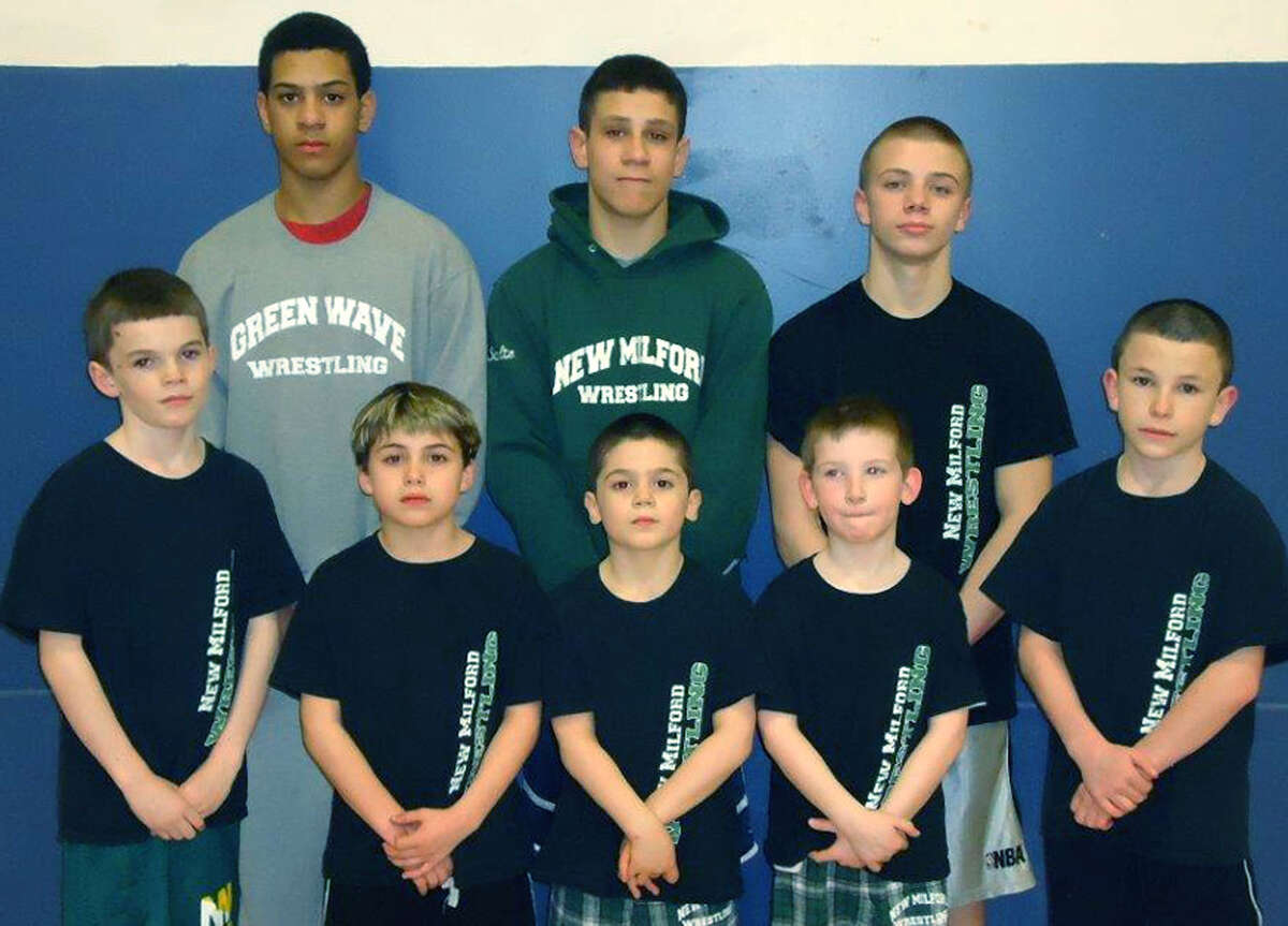 Nine young athletes from the New Milford Wrestling Association earned repsective state finals recently. Earning state titles or second-place finishes were, from left to right, front row, Evan Lindner, Jake Coniglio, Khalil Bourjeili, Brendan Mulvihill and Matt Hernandez; back row, Danny Reyes, Joe Accousti and C.J. Schultz. Absent was Ryan Christopher. Courtesy of Ken Lindner