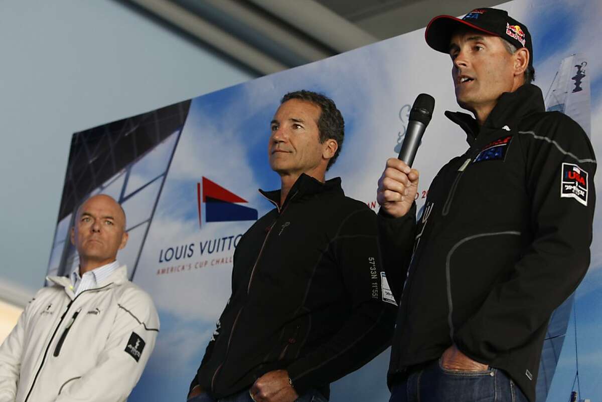 The Chief Executive Officer Stephen Barclay (left) of the America's Cup Event Authority, five-time America's Cup veteran Paul Cayard (middle), and Oracle's own Russell Coutts (right) talk about this year's america cup at Pier 27 in San Francisco, California, on Wednesday, April 3, 2013.