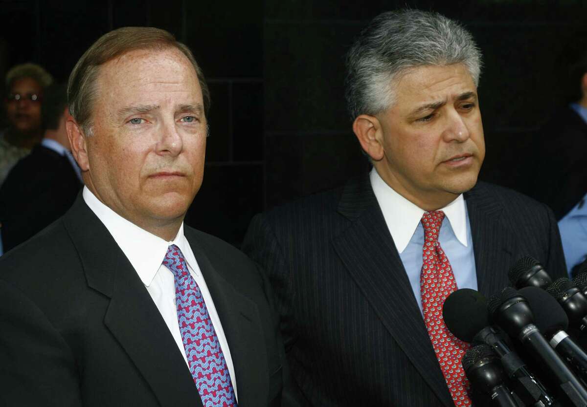5/25/2006--Former Enron CEO Jeff Skilling and his attorney, Daniel Petrocelli, speak to the press as they depart following the announcement of the convictions of Skilling and former Enron Chairman Ken Lay, Thursday. The jury, on the sixth day of deliberations and the 61st day and during the seventeenth week of the fraud and conspiracy trial found Skilling guilty on 19 counts and Lay guilty on all counts at the Bob Casey United States Court House in Houston. Photo by Steve Ueckert / Houston Chronicle