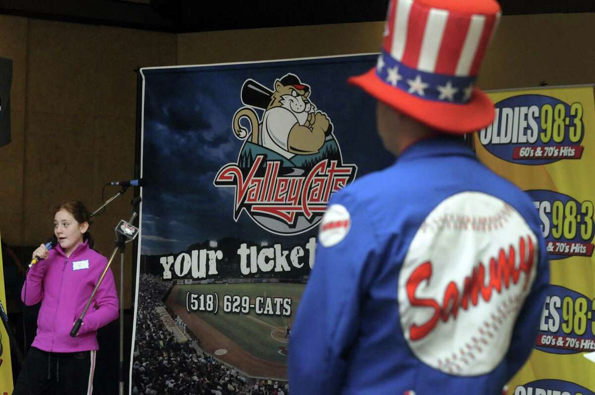 Abagail Mecaragno, 11, of Rensselaer competes in the 3rd Annual National Anthem tryouts hosted by Jaime Roberts from the Jaime in the Morning Show on Oldies 98.3, and Sammy Baseball from the ValleyCats at Crossgates Mall on Saturday April 6, 2013 in Guilderland, N.Y. The judging panel will select four finalists who will be videotaped singing their version of the National Anthem, and then be placed online for fans to vote on a winner. (Michael P. Farrell/Times Union)
