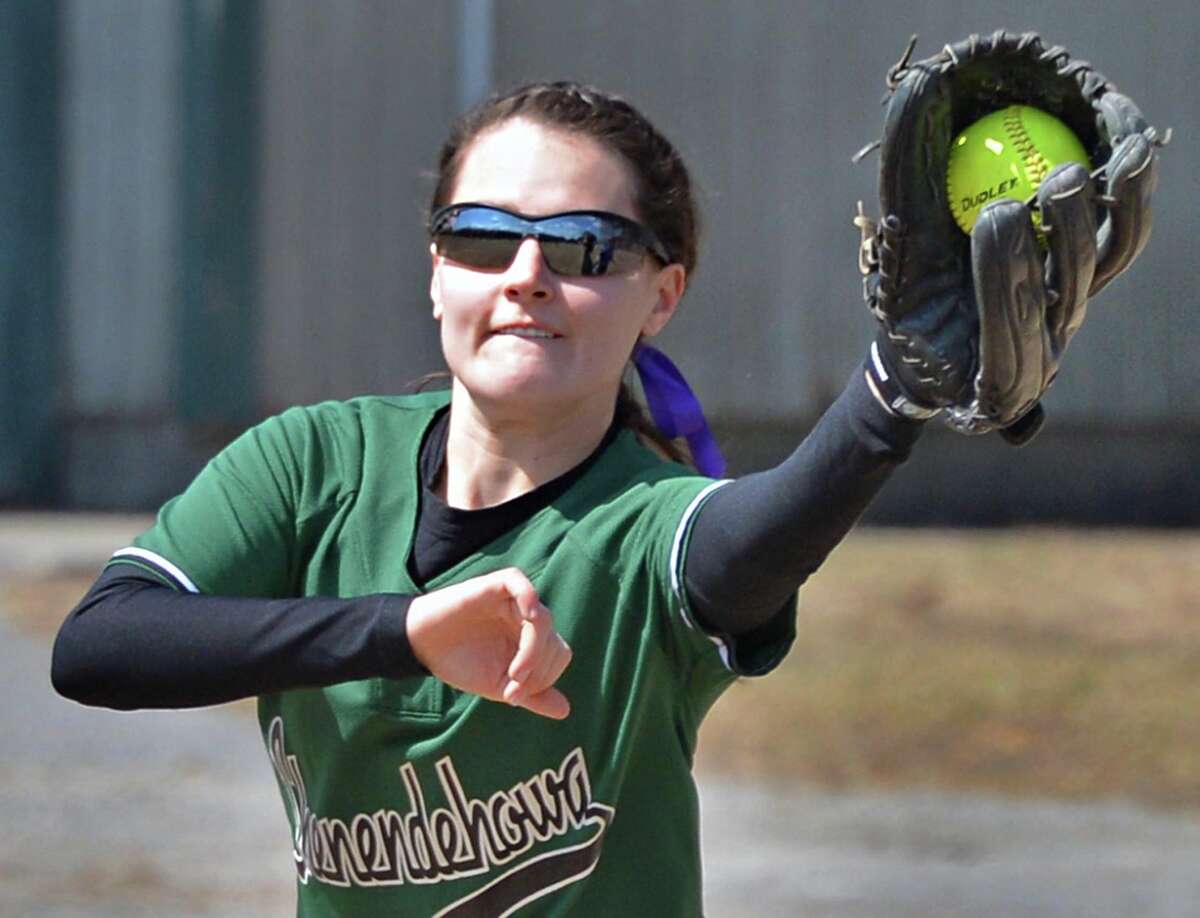 Taylor Fitzgerald makes an out at first during Shen's game with Saratoga High at Geyser Road Field in Saratoga Springs Friday April 5, 2013. (John Carl D'Annibale / Times Union)